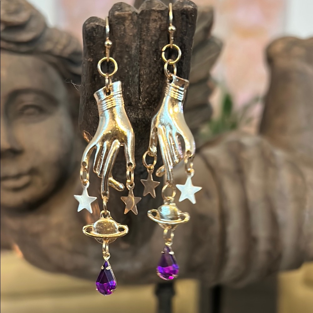 Gold and Silver Hand Charm Earrings with Purple Accents